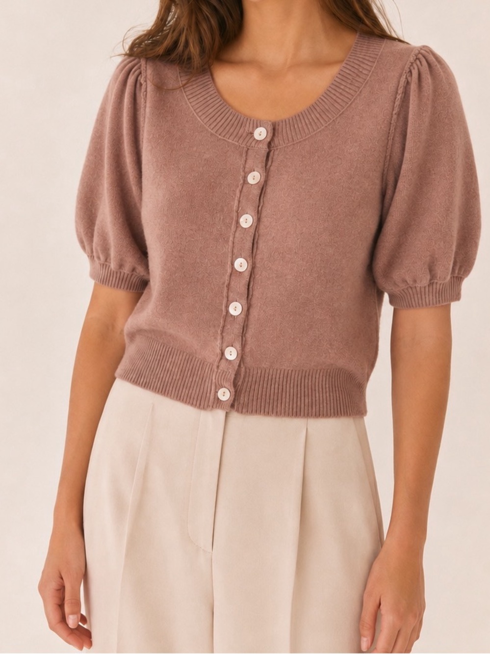 Free People 90% Wool Cashmere Puff Sleeve Button Cardigan Dusty Mauve L